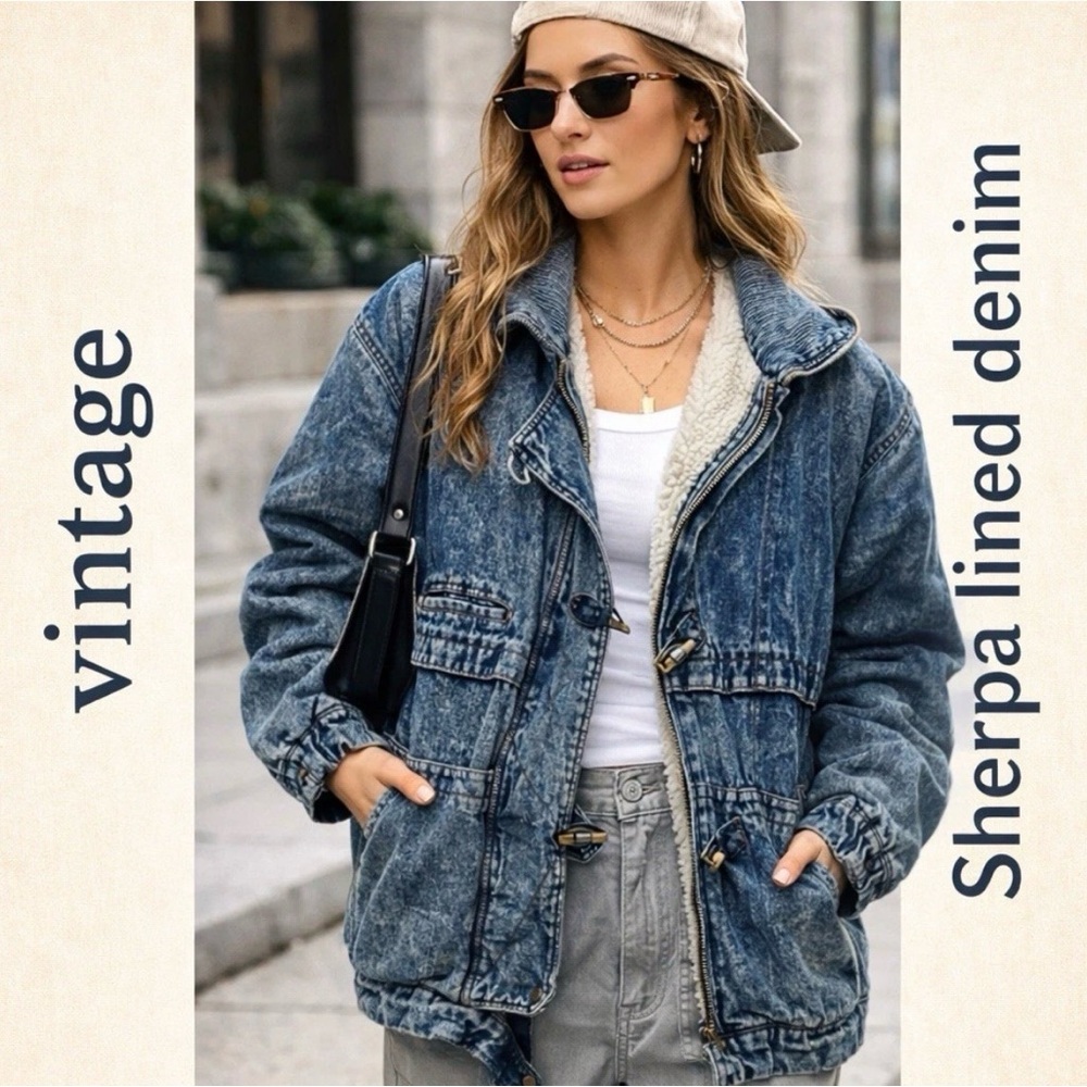 Vintage International Stefano Sherpa Lined Denim Jacket Acid Wash 80s 90s Sz S